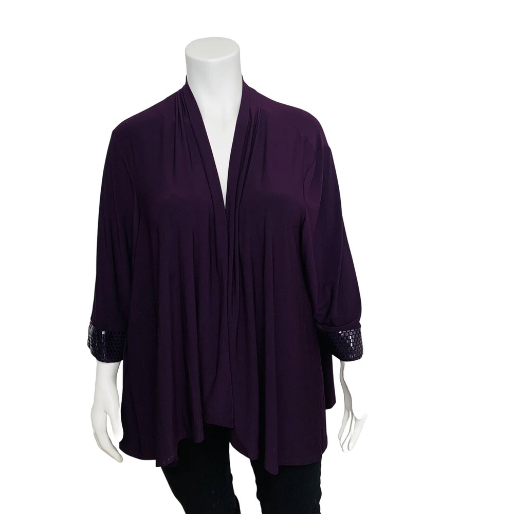 Maggie Barnes Open Purple Knit Cardigan Woman 4X Stretch 3/4 Sleeve Work USA‎